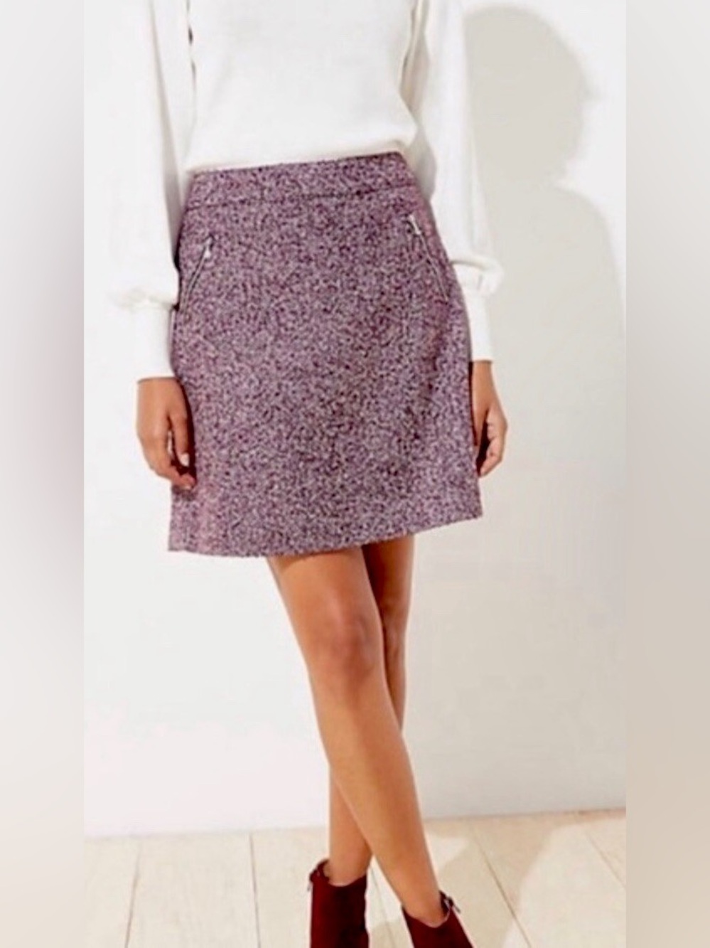 LOFT Burgundy Textured Wool Blend Mini Skirt Zip Pockets Size 6
